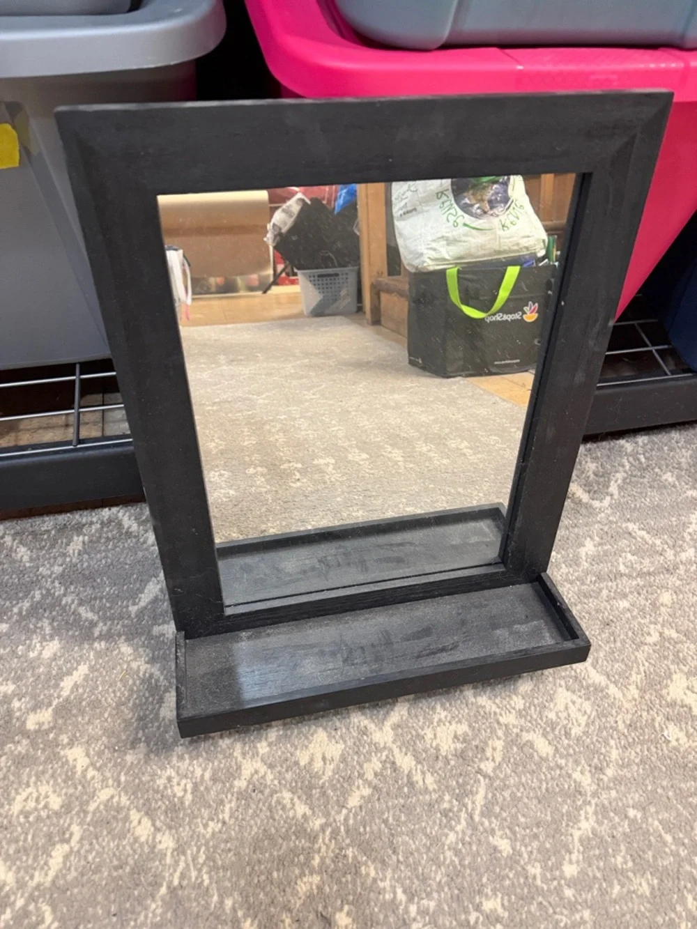 Black Framed Wall Mirror with Shelf - Brand: